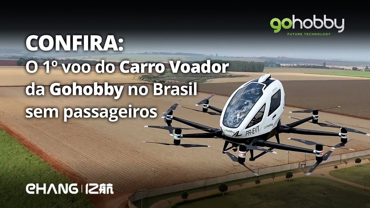 Veículo aéreo não tripulado, carro voador, em pleno voo sobre área rural.